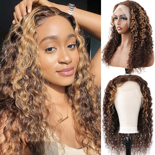 VSHOW HAIR Water Wave Hair Wig Brown Hair with Blonde Highlights Lace Front Wigs Color - Image 4