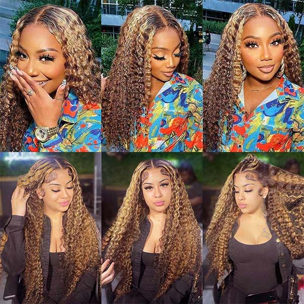VSHOW HAIR Water Wave Hair Wig Brown Hair with Blonde Highlights Lace Front Wigs Color - Image 5