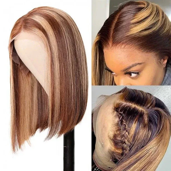 VSHOW 4/27 Brown Hair With Highlights Hair Blonde Bob Short Hair Colorful Bob Wigs - Image 3