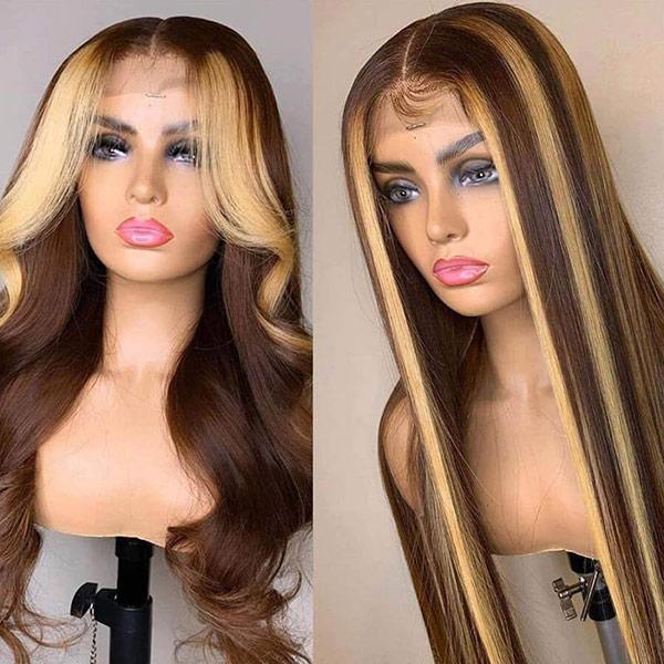 VSHOW Body Wave Perm Brown Hair With Blonde Highlights Human Hair Lace Front Wigs - Image 3
