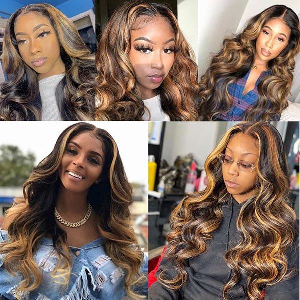 VSHOW Body Wave Perm Brown Hair With Blonde Highlights Human Hair Lace Front Wigs - Image 4