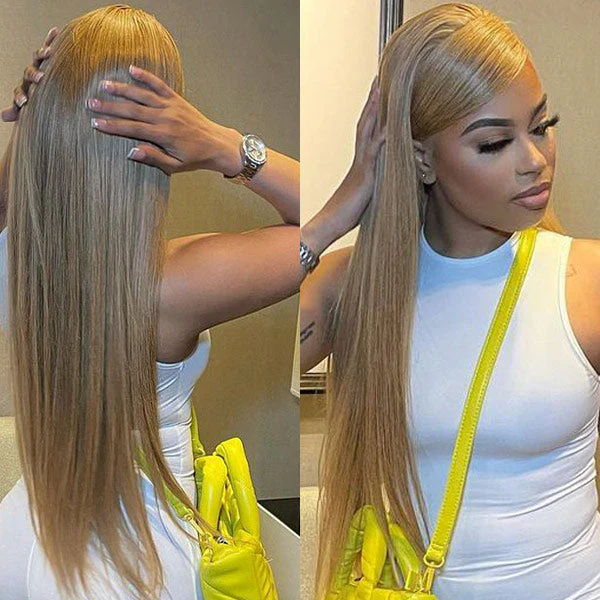 VSHOW Honey Blonde #27 Color Straight Human Hair Wigs Transparent lace Color Wigs 180% Density - Image 3