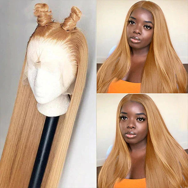 VSHOW Honey Blonde #27 Color Straight Human Hair Wigs Transparent lace Color Wigs 180% Density - Image 6