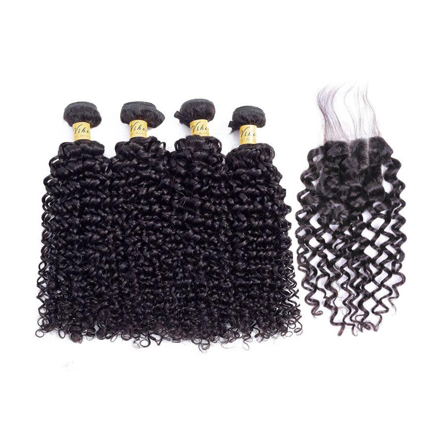 VSHOW HAIR Premium 9A Mongolian Human Virgin Hair Water Wave 4 Bundles with Pre Plucked Closure Deal Natural Black