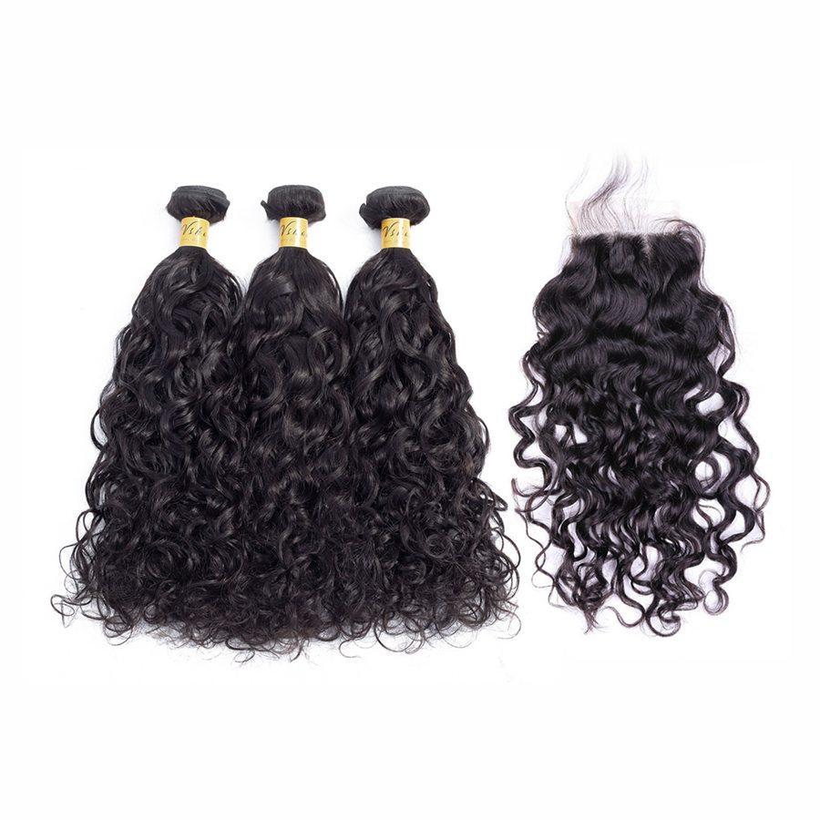 VSHOW HAIR Premium 9A Indian Human Virgin Hair Natural Wave 3 Bundles with Pre Plucked Closure Deal Natural Black - Image 2