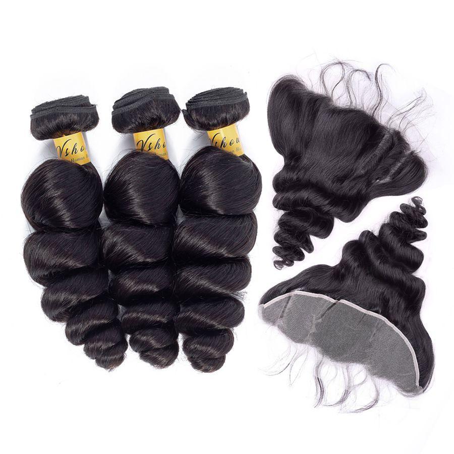 VSHOW HAIR Premium 9A Indian Human Virgin Hair Loose Wave 3 Bundles with Pre Plucked 13x4 Frontal Natural Black