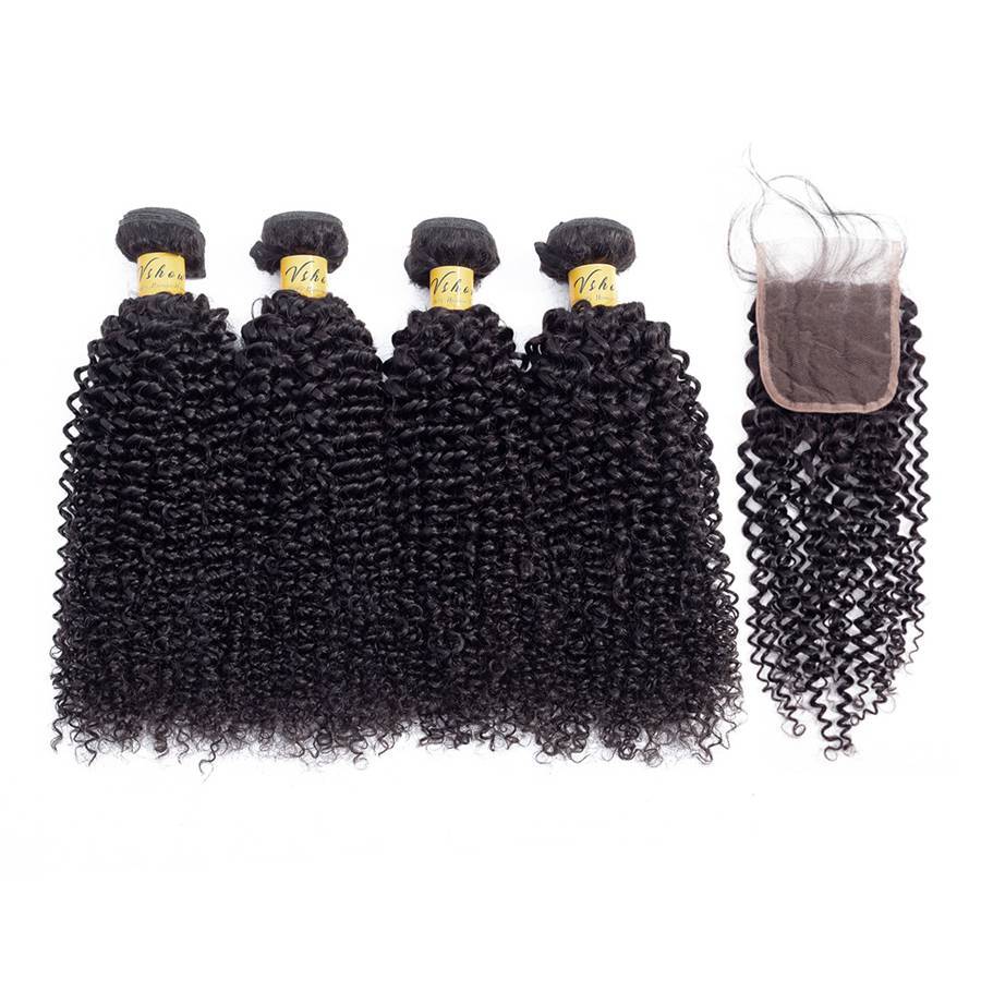 VSHOW HAIR Premium 9A Peruvian Human Virgin Hair Kinky Curly 4 Bundles with Pre Plucked Closure Deal Natural Black - Image 2