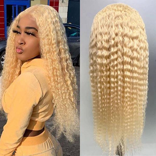 VSHOW Honey Blonde Hair Deep Wave Frontal Wig 613 Blonde Curly Hair Blonde Human Hair Wigs - Image 3