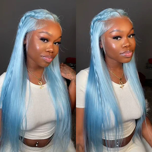 VSHOW Lake Blue Color Straight Hair Lace Front Wigs Real Human Hair Wigs - Image 2