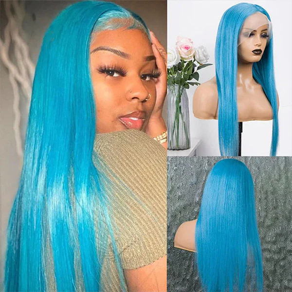 VSHOW Lake Blue Color Straight Hair Lace Front Wigs Real Human Hair Wigs - Image 4