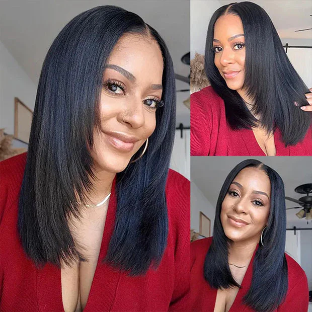 Layered Cut Yaki Straight Hair 9x6 T Part Lace Glueless Human Hair Wigs With Drawstring - Image 3