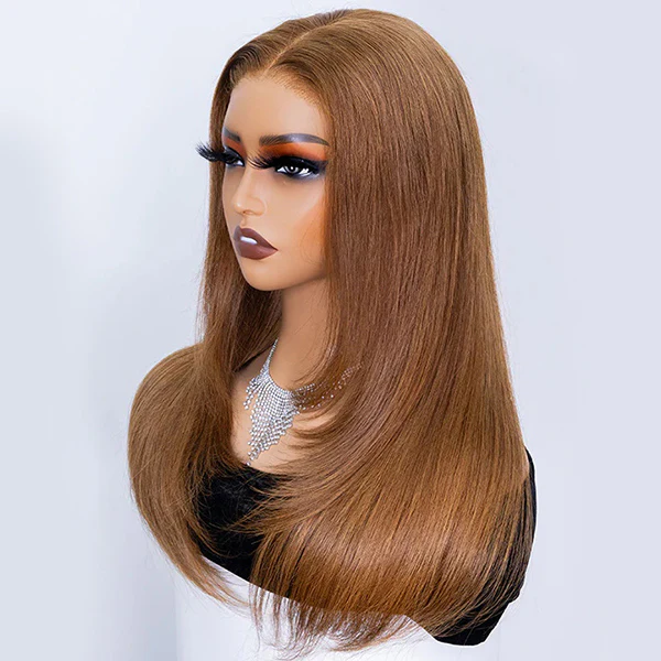 Pre Styled Chestnut Brown Color Straight Layered Cut Wigs 10x6 Lace 180% Density Human Hair Wigs - Image 3