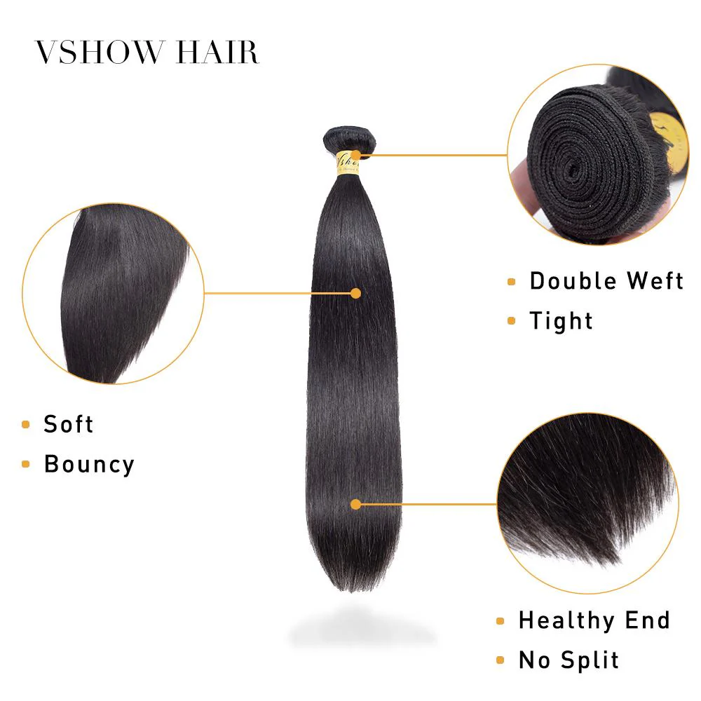 VSHOW HAIR Premium 9A Brazilian Human Virgin Hair Straight Natural Black 3 Bundles Deal - Image 5
