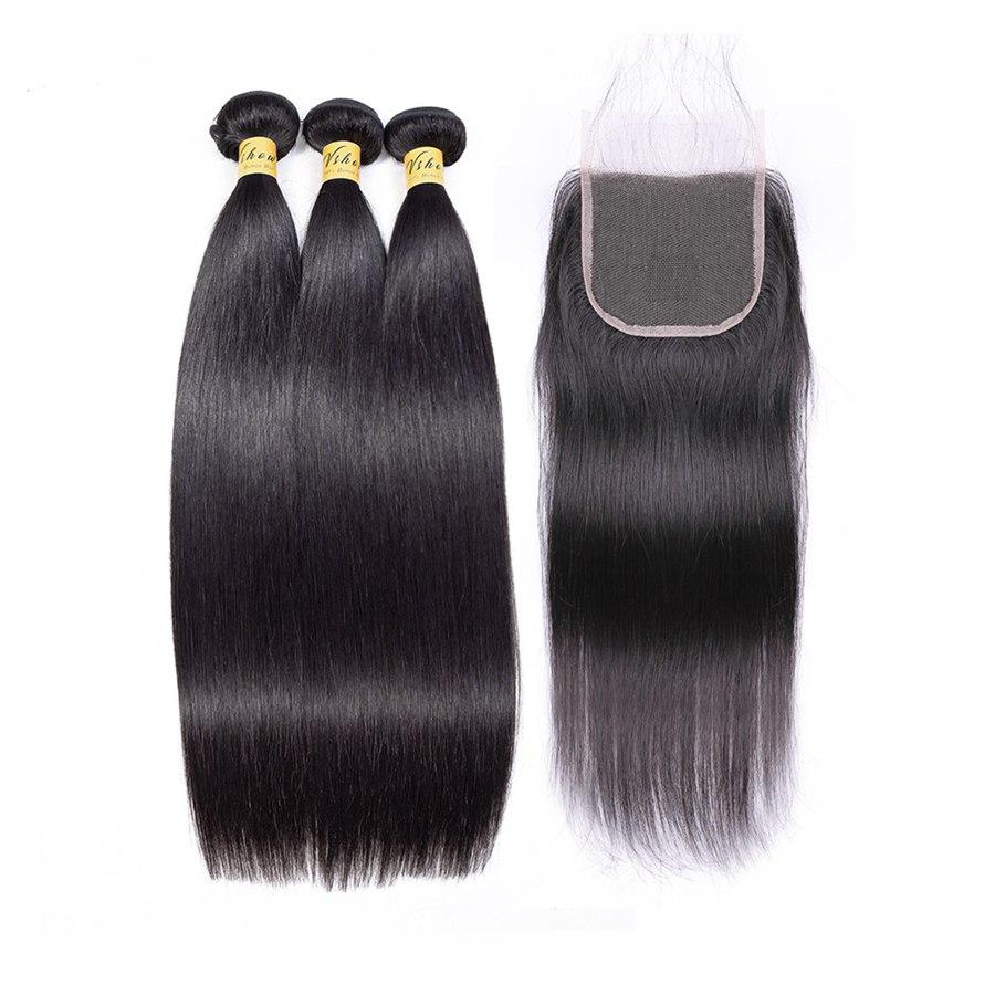 VSHOW HAIR Premium 9A Indian Human Virgin Hair Straight 3 Bundles with Pre Plucked Closure Deal Natural Black - Image 4