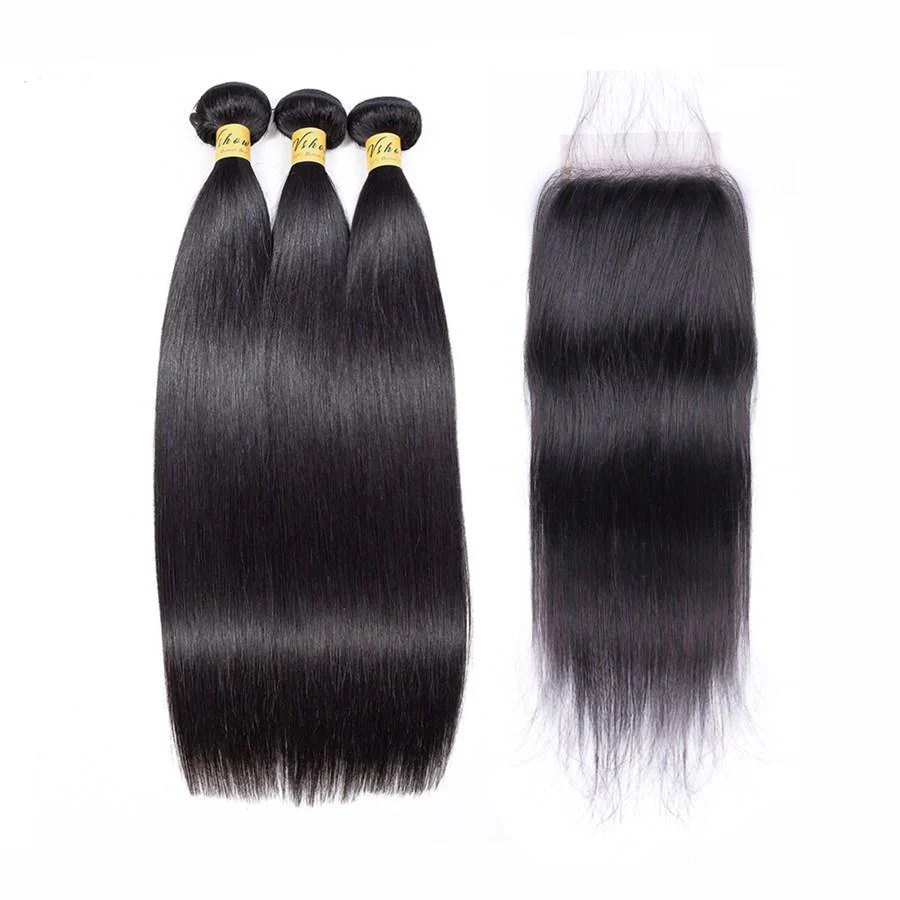 VSHOW HAIR Premium 9A Indian Human Virgin Hair Straight 3 Bundles with Pre Plucked Closure Deal Natural Black - Image 5