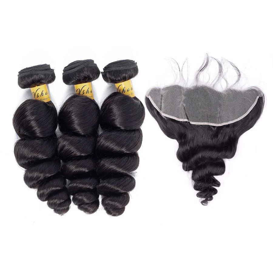 VSHOW HAIR Premium 9A Malaysian Human Virgin Hair Loose Wave 3 Bundles with Pre Plucked 13x4 Frontal Natural Black - Image 3