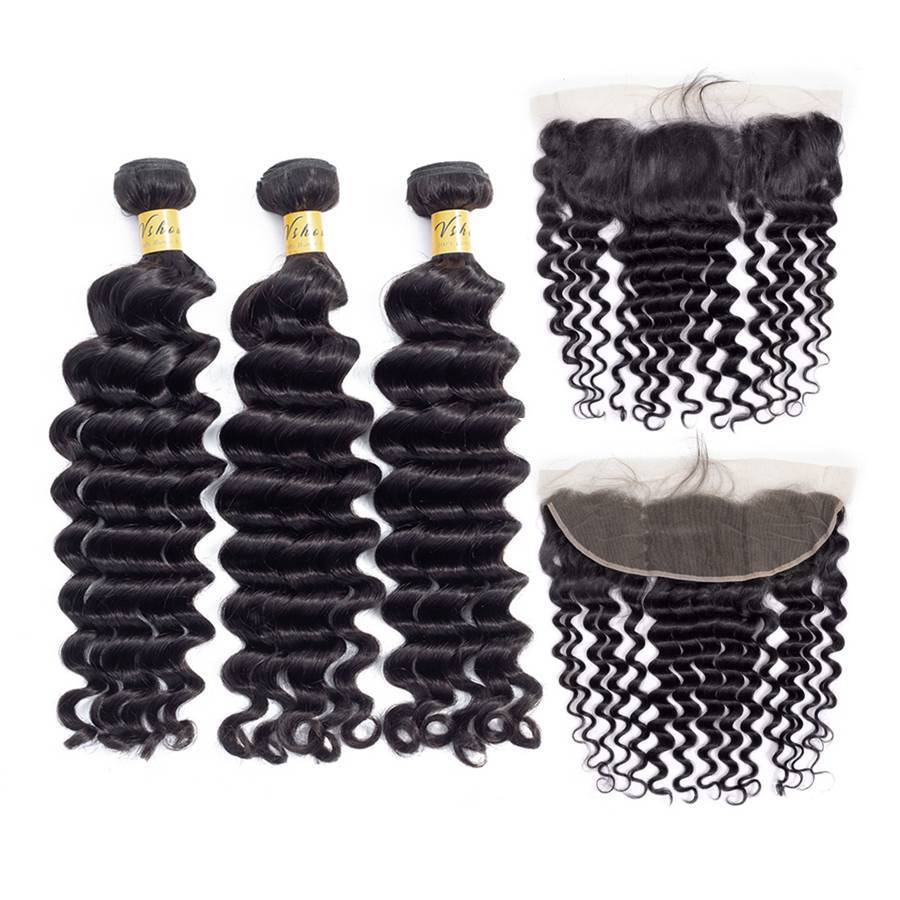 VSHOW HAIR Premium 9A Malaysian Human Virgin Hair Loose Deep Wave 3 Bundles with Pre Plucked 13x4 Frontal Natural Black
