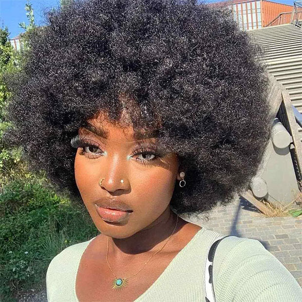 Vshow 70s Bouncy Curly Wigs Afro Curly Wig With Bangs Short Bobcut Fluffy Human Hair Wigs Natural Blend - Image 4