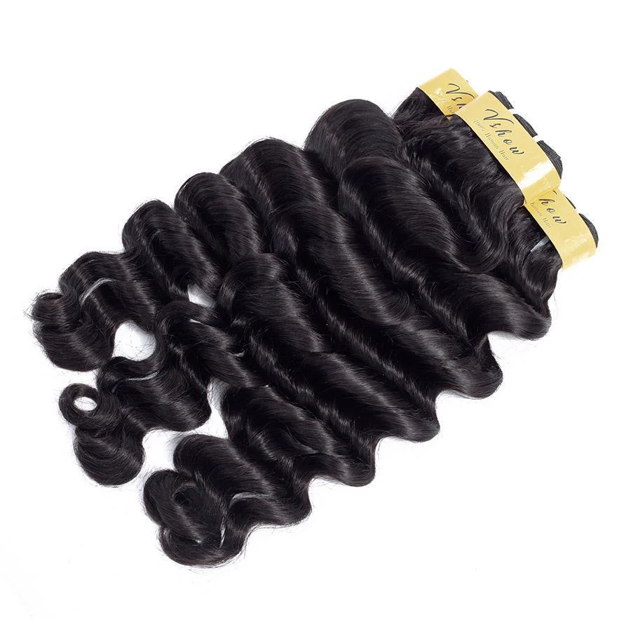 VSHOW HAIR Premium 9A Mongolian Human Virgin Hair Loose Deep Wave 3 Bundles with Pre Plucked 13x4 Frontal Natural Black - Image 4