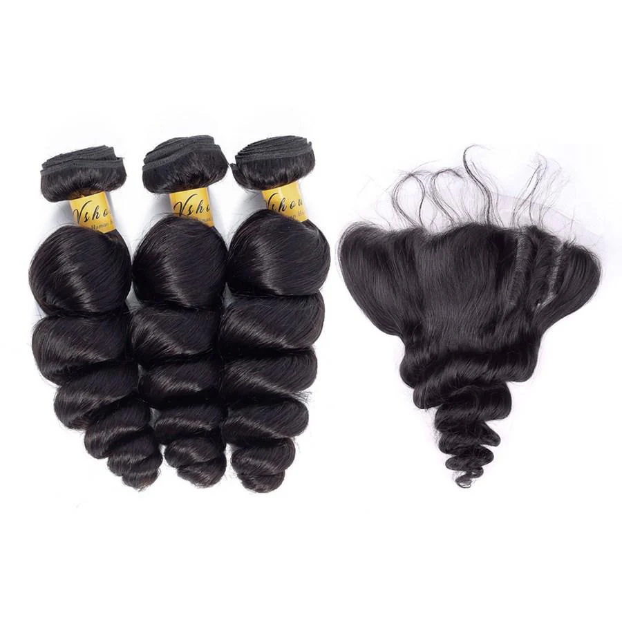 VSHOW HAIR Premium 9A Mongolian Human Virgin Hair Loose Wave 3 Bundles with Pre Plucked 13x4 Frontal Natural Black - Image 3