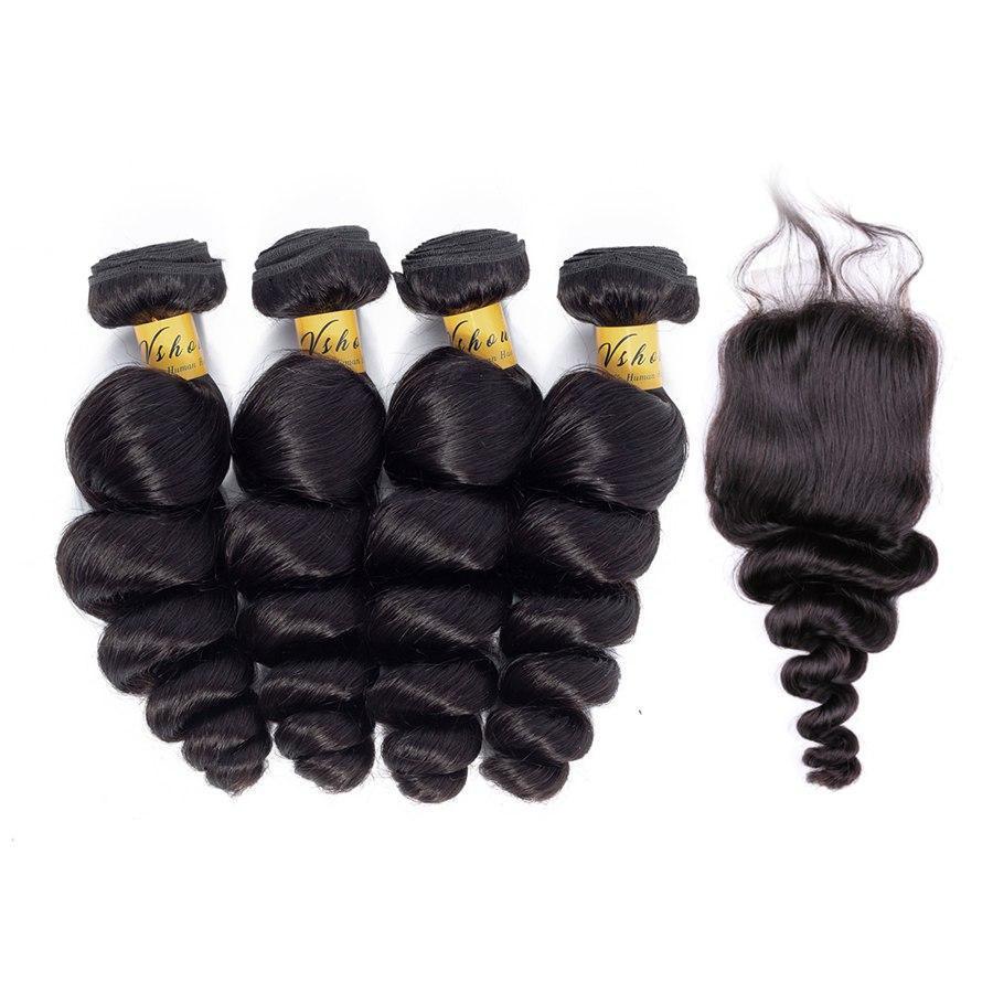 VSHOW HAIR Premium 9A Mongolian Human Virgin Hair Loose Wave 4 Bundles with Pre Plucked Closure Deal Natural Black - Image 2