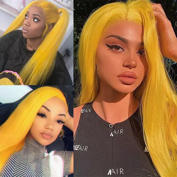 VSHOW Neon Yellow Hair Straight Human Hair Lace Front Wigs Near Me Golden orange Hair Color - Image 3