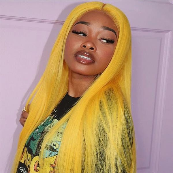 VSHOW Neon Yellow Hair Straight Human Hair Lace Front Wigs Near Me Golden orange Hair Color - Image 4
