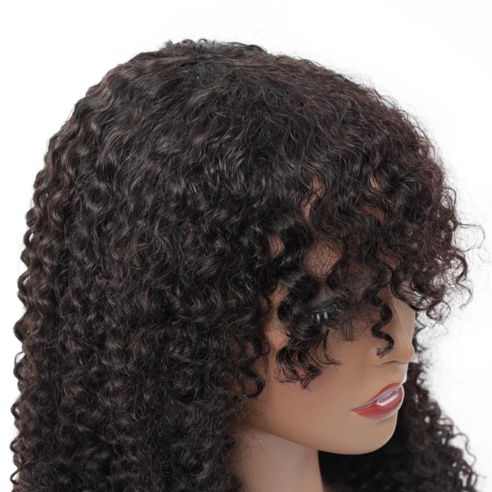VSHOW Mongolian Kinky Curly Natural Look Human Hair None Lace Wigs with Bangs - Image 6