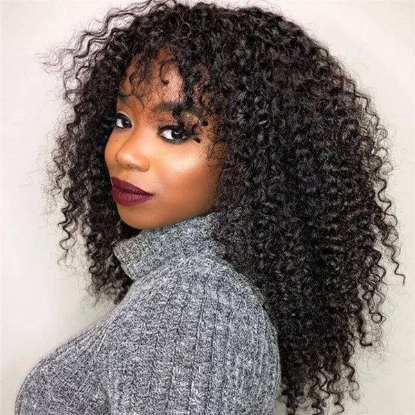 VSHOW Mongolian Kinky Curly Natural Look Human Hair None Lace Wigs with Bangs - Image 9