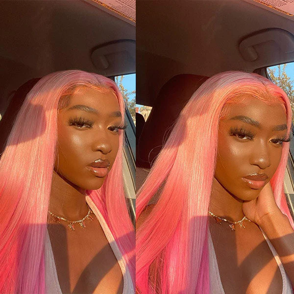 VSHOW Light Pink Hair to Darker Pink Hair Long Straight Hair Lace Front Wigs Ombre Pink Hair Fashion Wigs - Image 3