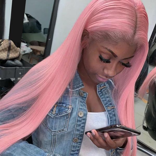 VSHOW Light Pink Hair Anime Girl Long Straight Hair Lace Front Wigs Peach Pink Hair Cosplay Wigs - Image 3