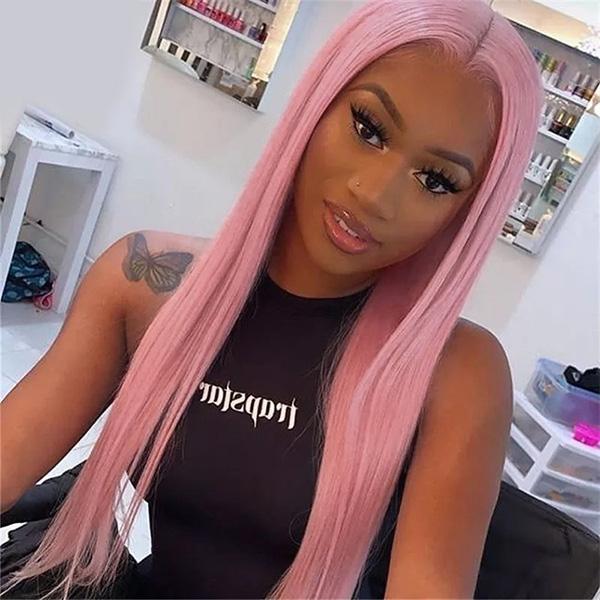 VSHOW Light Pink Hair Anime Girl Long Straight Hair Lace Front Wigs Peach Pink Hair Cosplay Wigs - Image 6