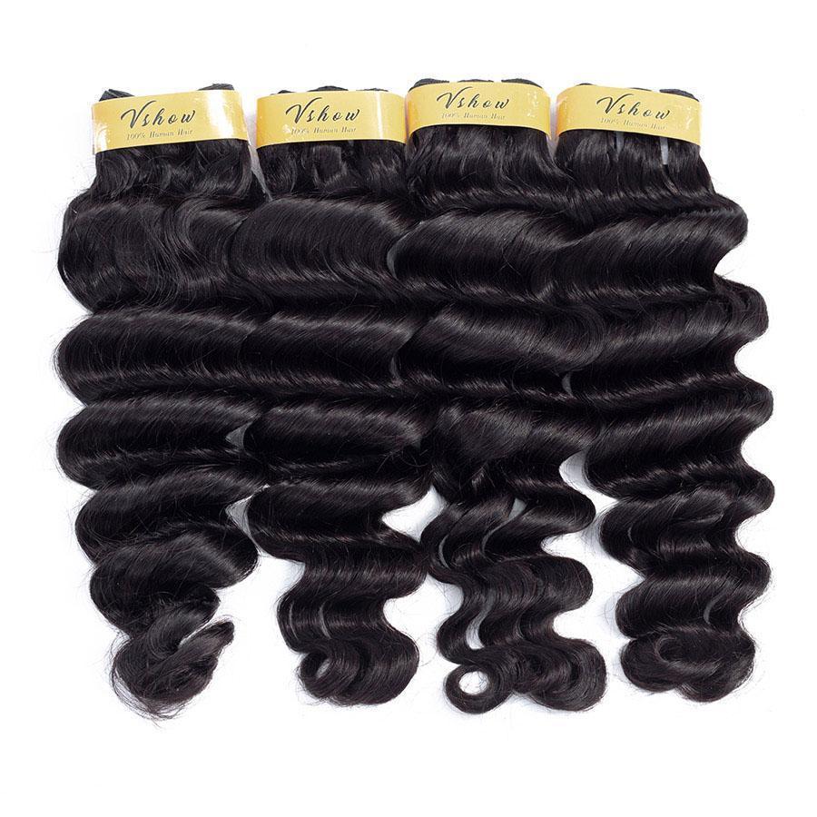 VSHOW HAIR Premium 9A Peruvian Human Virgin Hair Loose Deep Wave 4 Bundles with Pre Plucked Closure Deal Natural Black - Image 4