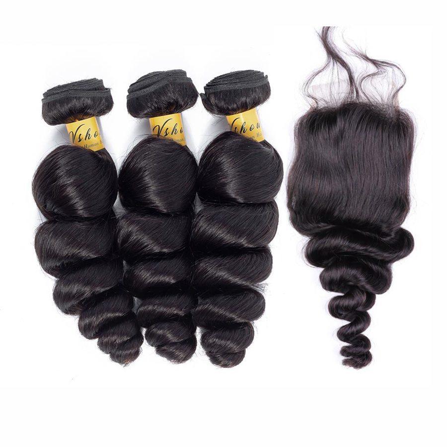 VSHOW HAIR Premium 9A Peruvian Human Virgin Hair Loose Wave 3 Bundles with Pre Plucked Closure Deal Natural Black