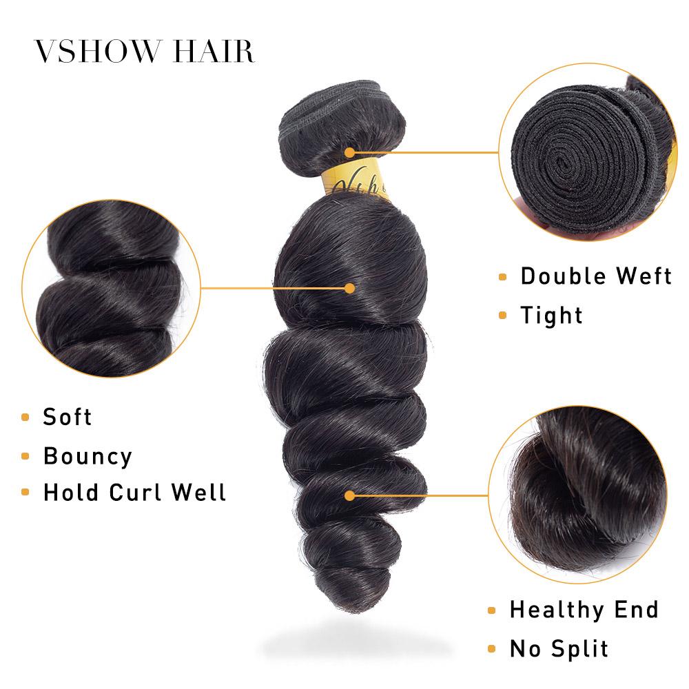 VSHOW HAIR Premium 9A Peruvian Human Virgin Hair Loose Wave Natural Black 4 Bundles Deal - Image 3