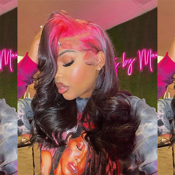 VSHOW Sparkle Pink Roots Black Color Wig 13x4 Transparent Lace Front Human Hair Wigs Flat Iron Curls - Image 3