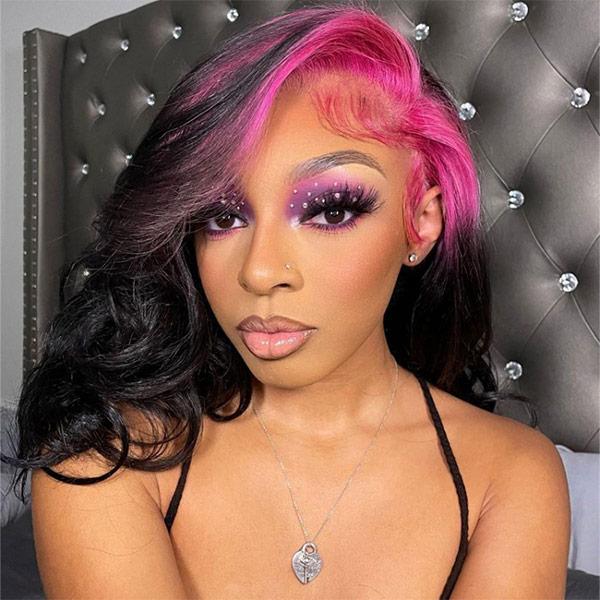 VSHOW Sparkle Pink Roots Black Color Wig 13x4 Transparent Lace Front Human Hair Wigs Flat Iron Curls - Image 4