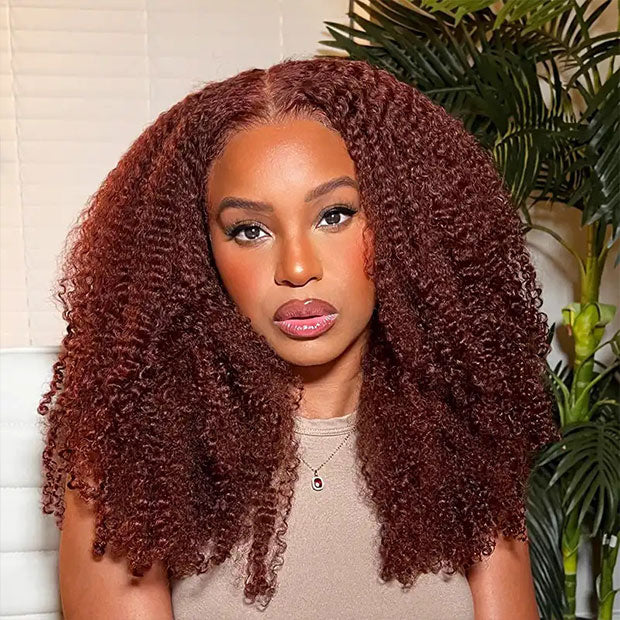 Vshow Reddish Brown Kinky Curly Hair Glueless Wear Go Wigs Pre-cut Lace 4x6 Wig - Image 3