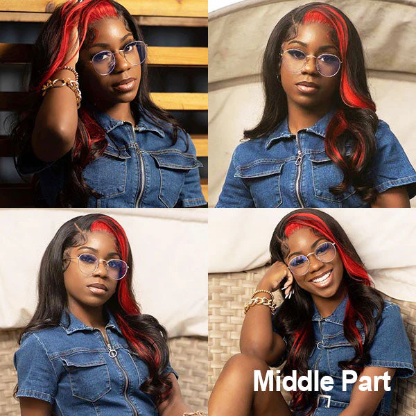 VSHOW Red Skunk Stripe Hair Lace Front Wig Transparent Lace Front Human Hair Wigs Flat Iron Curls - Image 3