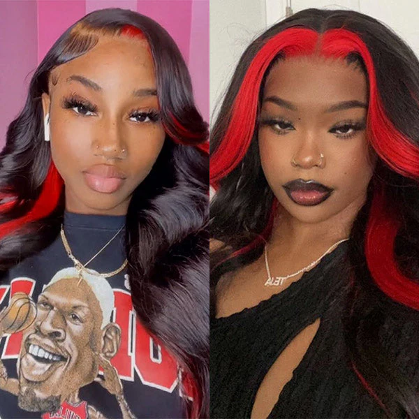 VSHOW Red Skunk Stripe Hair Lace Front Wig Transparent Lace Front Human Hair Wigs Flat Iron Curls - Image 4