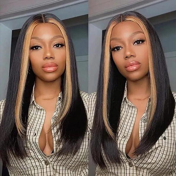 VSHOW Blonde Skunk Stripe Hair Straight Lace Front Wig Preplucked 13x4 Transparent Lace Front Human Hair Wigs - Image 5