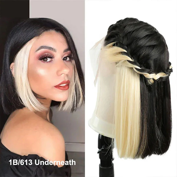VSHOW Bob Straight Hair High Density Peekaboo Highlights Underlight Lace Front Wigs Blonde Pink Red Purple - Image 2
