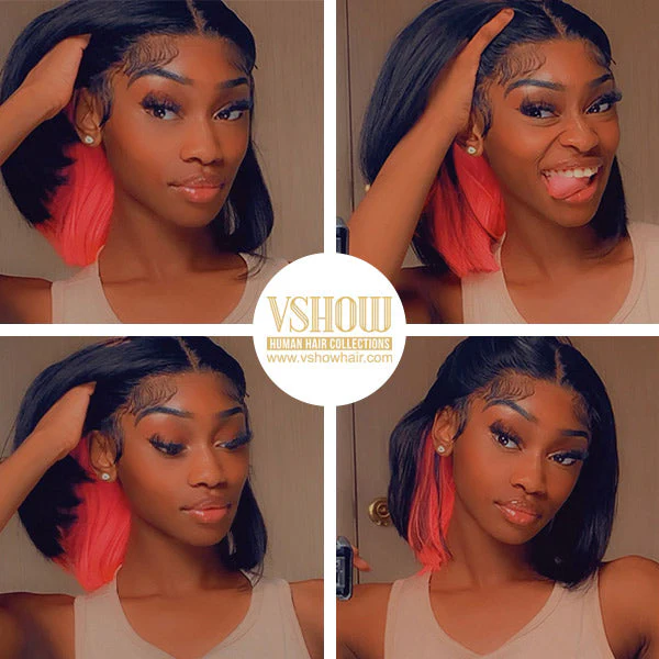 VSHOW Bob Straight Hair High Density Peekaboo Highlights Underlight Lace Front Wigs Blonde Pink Red Purple - Image 4