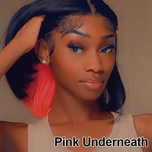 VSHOW Bob Straight Hair High Density Peekaboo Highlights Underlight Lace Front Wigs Blonde Pink Red Purple - Image 5