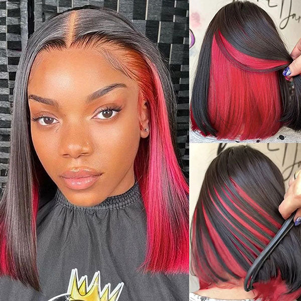 VSHOW Bob Straight Hair High Density Peekaboo Highlights Underlight Lace Front Wigs Blonde Pink Red Purple - Image 6