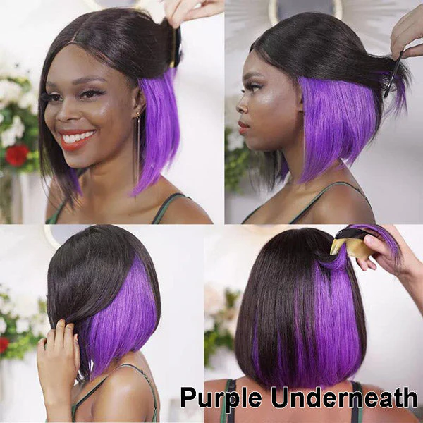 VSHOW Bob Straight Hair High Density Peekaboo Highlights Underlight Lace Front Wigs Blonde Pink Red Purple - Image 7