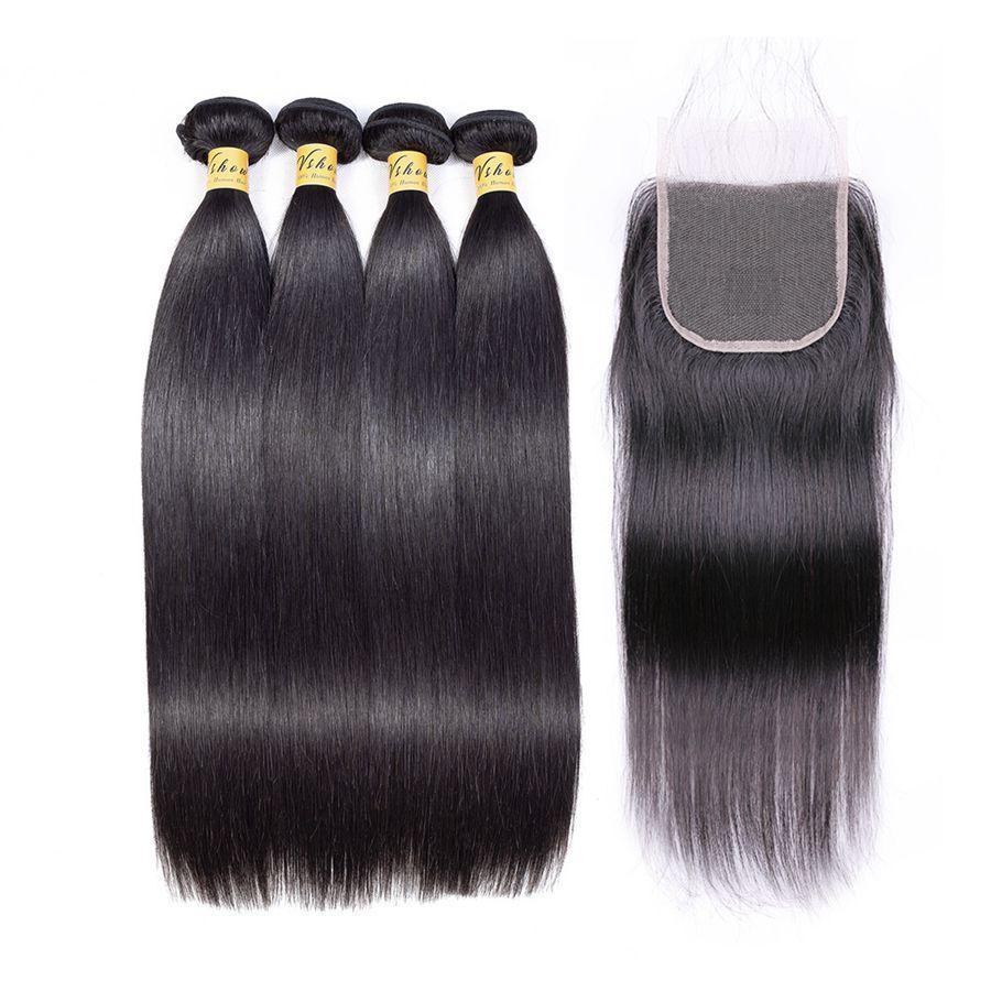 VSHOW HAIR Premium 9A Brazilian Human Virgin Hair Straight 4 Bundles with Pre Plucked Closure Deal Natural Black - Image 2