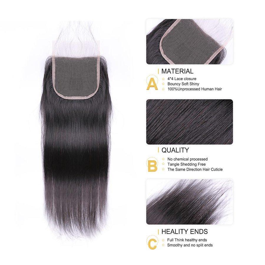 VSHOW HAIR 100% Virgin Human Hair Straight 4x4 Lace Closure Natural Black - Image 5