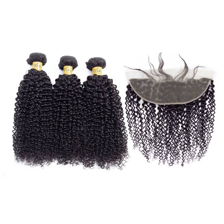 VSHOW HAIR Premium 9A Mongolian Human Virgin Hair Kinky Curly 3 Bundles with Pre Plucked 13x4 Frontal Natural Black - Image 6