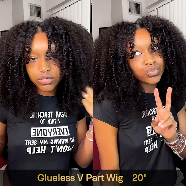 Vshow Glueless Wigs V Part Afro Curly Wig No Leave Out Thin Part Human Hair Wig With Drawstring Beginner Friendly - Image 4